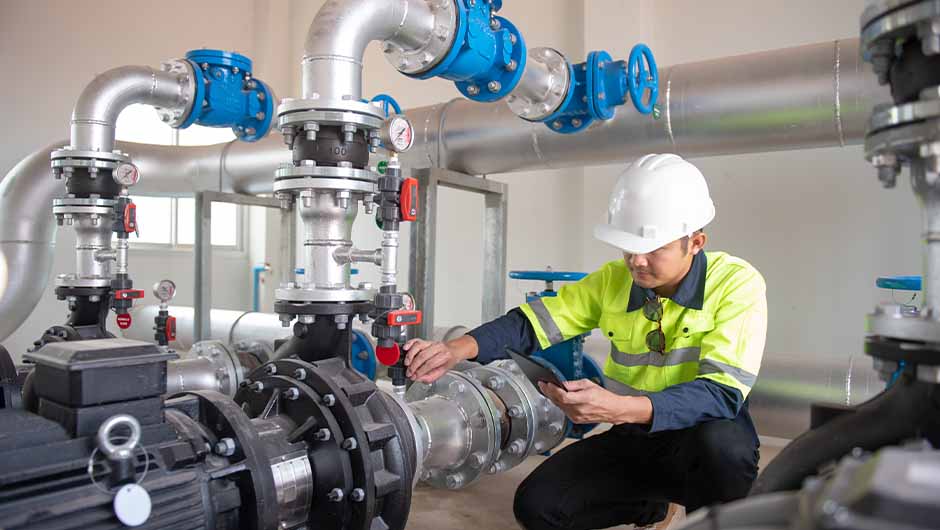 Engineer inspecting pipe connected to pump